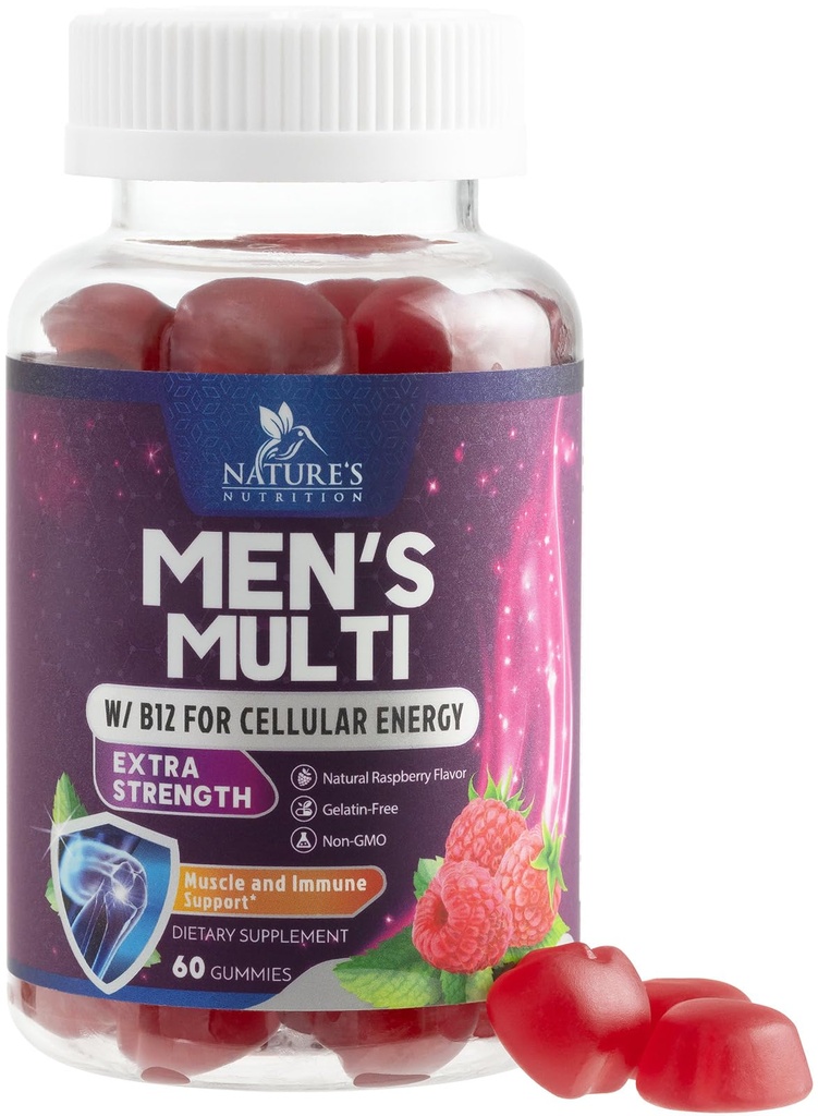Multivitamin til mænd - Komplet daglige Herre Multivitamin Gummies med D-vitamin, B-vitaminer, zink & mere - Energi, hukommelse, Focus & immunforsvar - 13 essentielle vitaminer og mineraler - 60 kapsler