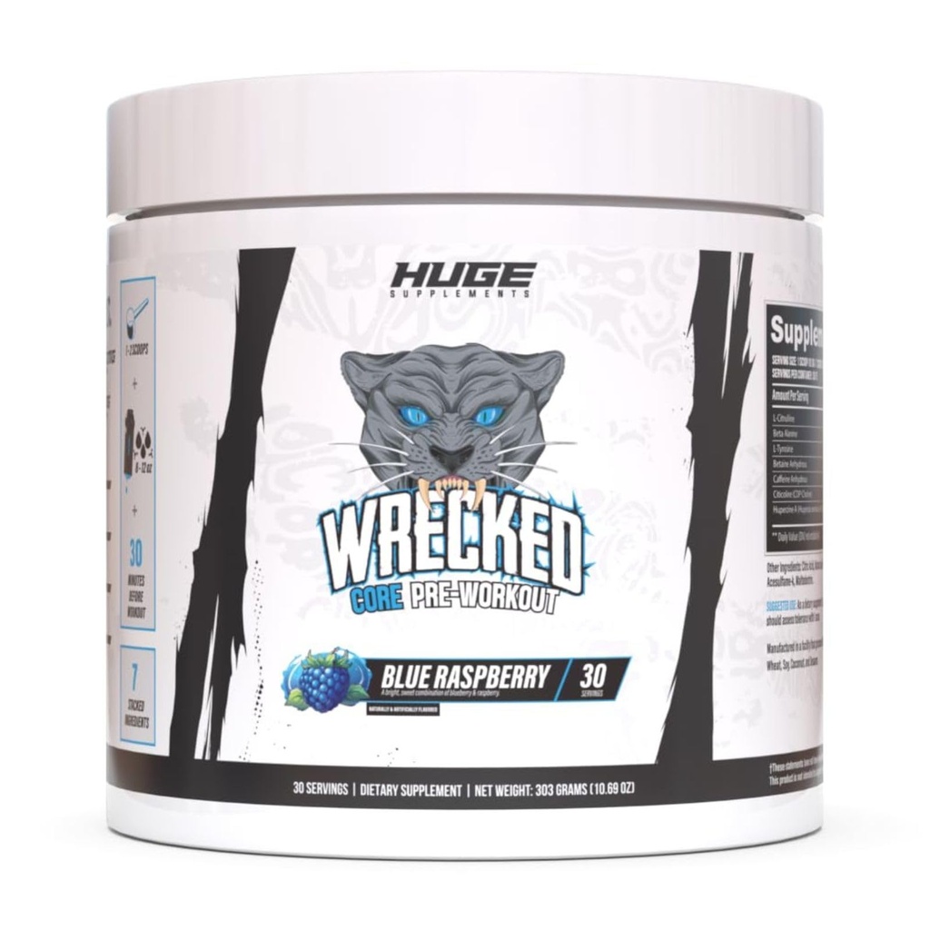 Wrecked Core - All-in-One Pre- Workout Supplement for mænd og kvinder, øge energi, Focus & Pumper med L-Citrullin, Beta- Alanine, L-Tyrosine & mere (30 Servere) - Blå Hindbær