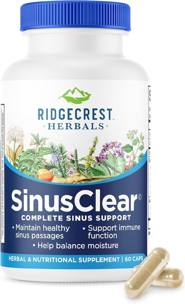 RidgeCrest Herbals SinusClear, Komplet formel for sinus og nasal sundhed med Mullein Leaf, Bromelain, C-vitamin og zink, for sund mucus, immunforsvar og respiratorisk støtte, (60 Veg Caps, 30 Serv)