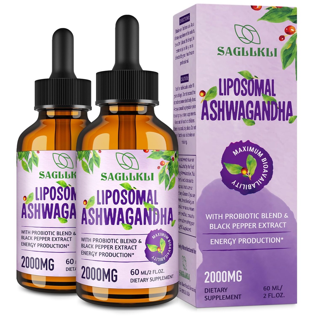 Liposomal Ashwagandha Liquid Drops 2000mg, Ashwagandha Root Extract Supplement (7% Withanolides) med Black Pepper Extract & Probiotika til Focus, Cognition & Energy - 4 FLLOZ (2 Flaske)