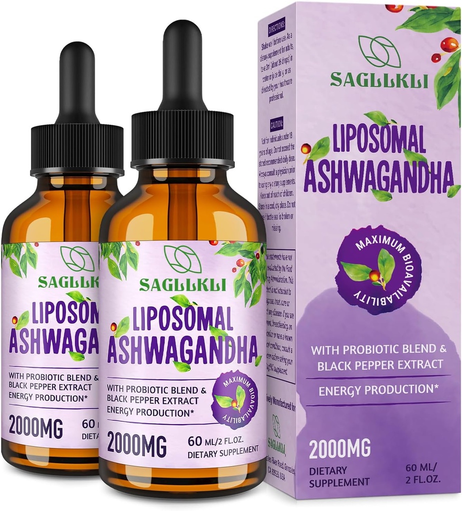 Liposomal Ashwagandha Liquid Drops 2000mg, Ashwagandha Root Extract Supplement (7% Withanolides) med Black Pepper Extract & Probiotika til Focus, Cognition & Energy - 4 FLLOZ (2 Flaske)