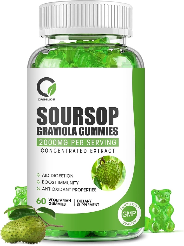 Soursop Graviola Gummies, Organic Soursop blade og frø ekstrakt med C-vitamin, zink, fordøjelsesstøtte, immunforsvar og antioxidant egenskaber, Gluten Free, Vegan, 60 Gummies
