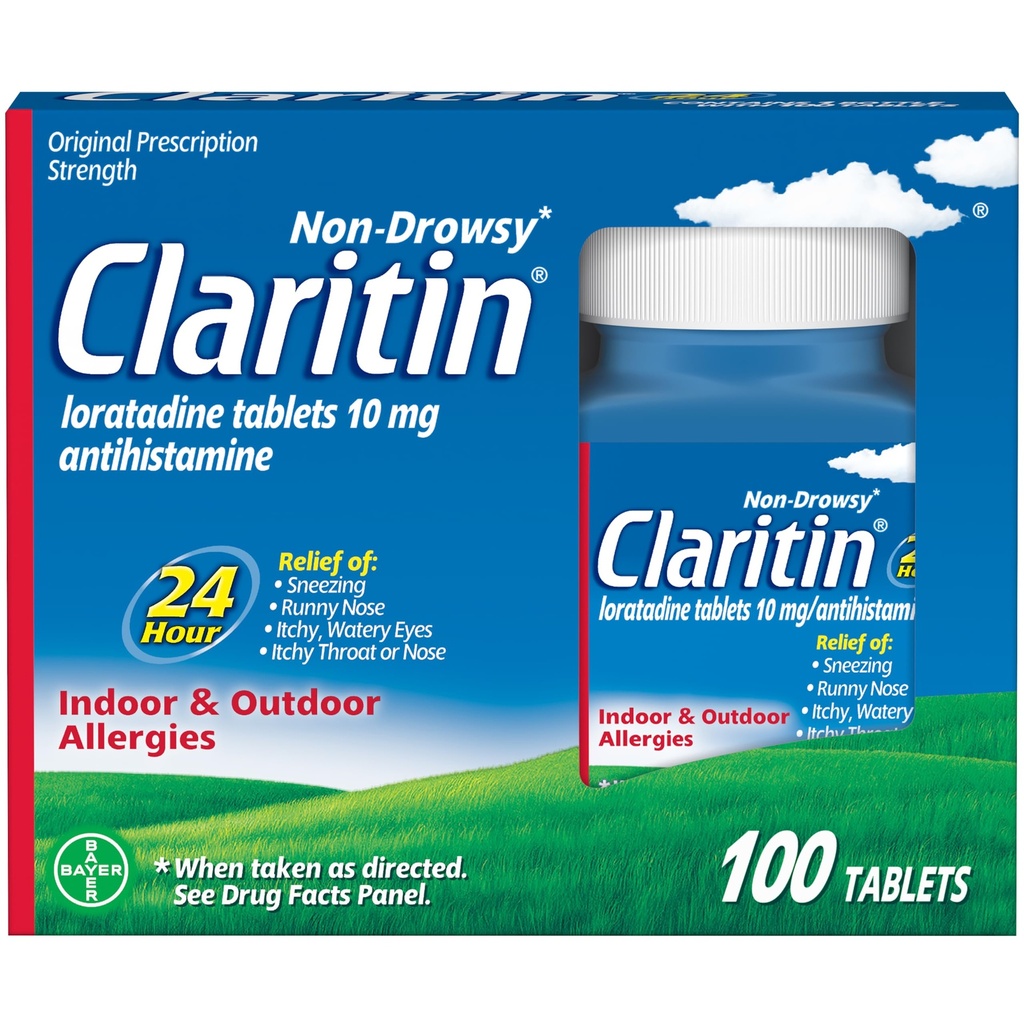 Claritin Allergi Medicin til voksne, 24- timers non- Drowsy Loratadine 10mg piller, Antihistamin, 100 tabletter