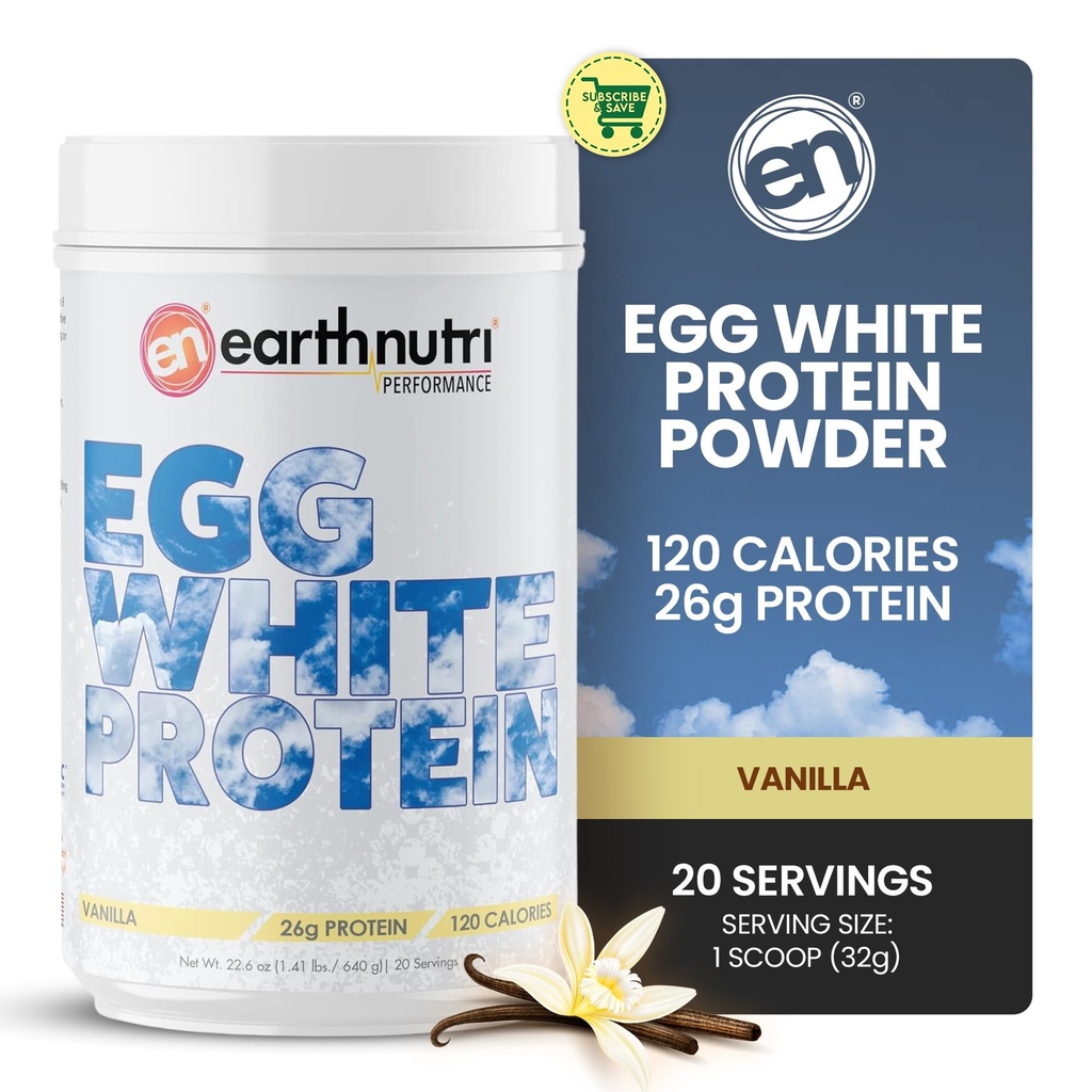 EarthNutri - Egg White Protein Powder supplement til Pre, Intra eller Post Workout, 26g af Protein Per Servering, Understøtter Muscle Strength & Recovery, Ingen kunstige tilsætningsstoffer - Vanilla 20 Servering (640g)