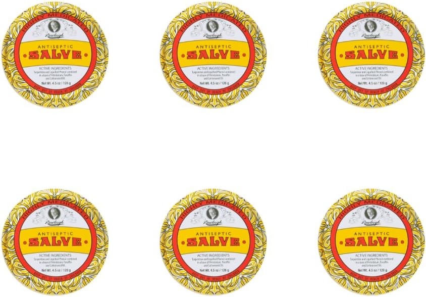 Rawleigh Antiseptisk Salve Iconic Gul Big Tin: 4.5 oz, Multi- Formål Salve Sothes Cuts, Bruises, Irritations, med Turpentine, Phenol, Cottonseed Oil & Paraffin, Original Formel - pakke med 6