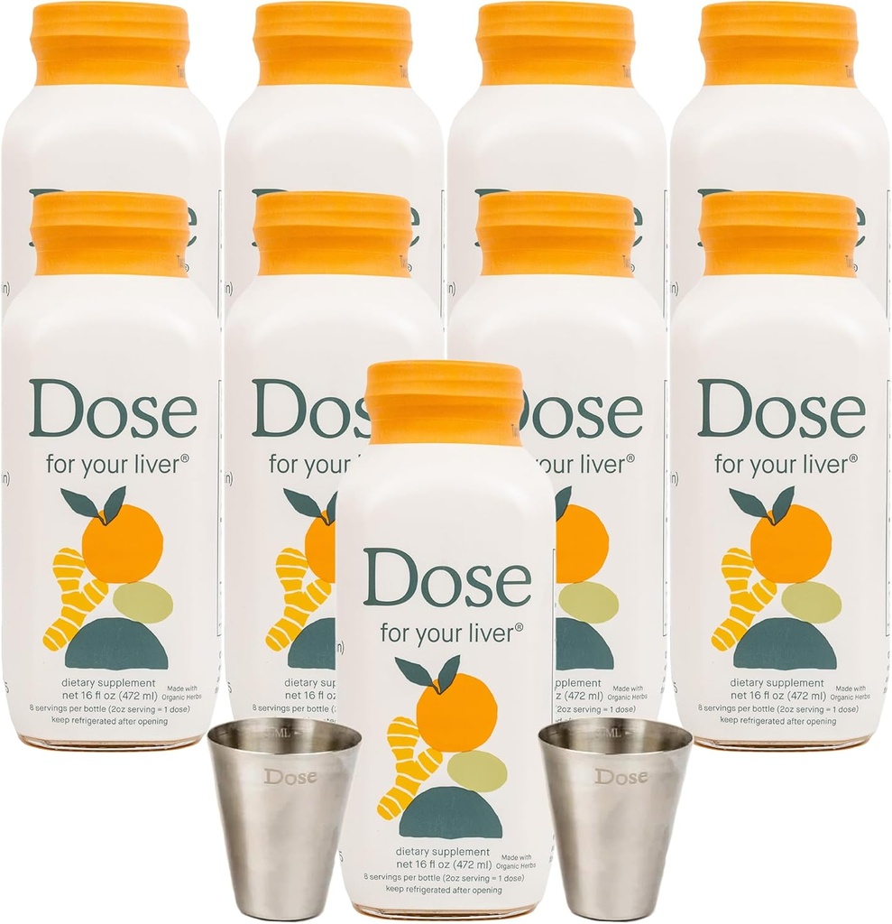 DOSE for din lever Support Shot Mest124; Ikke GMO, Vegan, Gluten Free, Kosher Pareve Mest124; 16oz (9 flasker) & 2oz Shot Glass (2 glas)