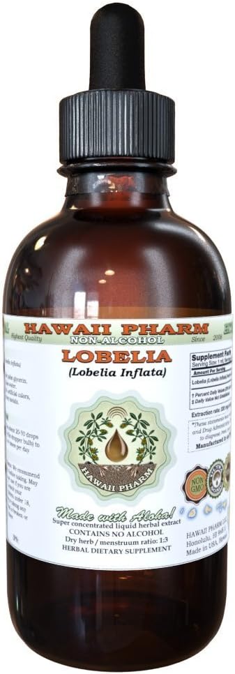 Lobelia Alkohol- Free Liquid Extract, Organic Lobelia (Lobelia Inflacata) Tørret Herb Glycerite Hawaii Pharm Natural Herbal Supplement 4 oz
