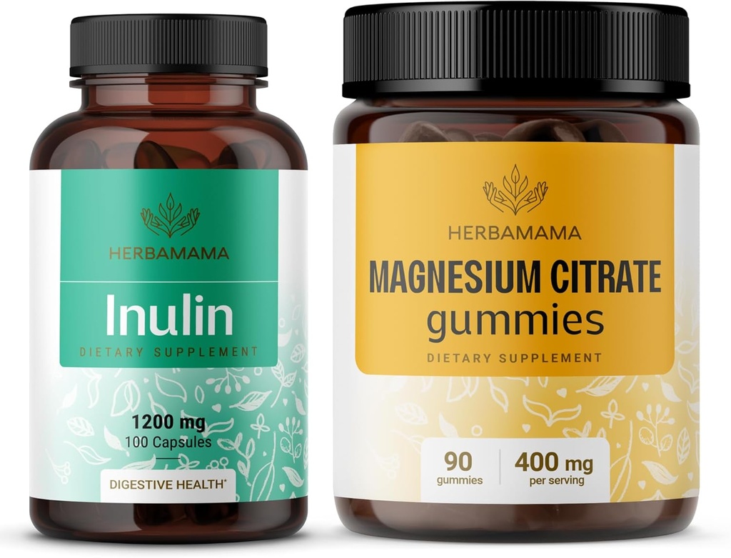 HERBAMAMA Inulin and Magnesium Kit - Bundle of 1200 mg Inulin Fiber Capsules & 400 mg Magnesium Citrate Gummies - Vegan, Non- GMO, Gelatinl - Free - 2 Pack