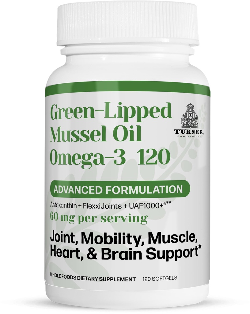 TURNER New Zealand Green Lipped Omega-3 Mussel Oil, 53x Højere potens med UAF1000 + Super Antioxidant til Superior Joint Comfort & Mobility, Ingen Fishy Eftersmag, 1 flaske, 120 Softgels