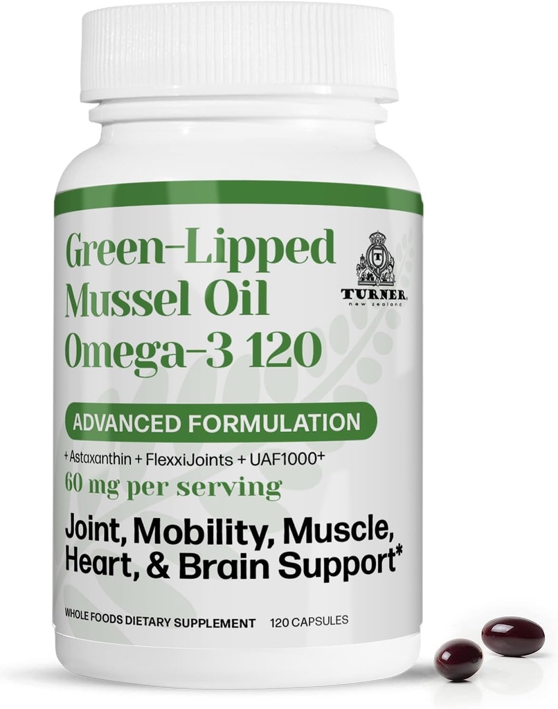 TURNER New Zealand Green Lipped Omega-3 Mussel Oil, 53x Højere potens med UAF1000 + Super Antioxidant til Superior Joint Comfort & Mobility, Ingen Fishy Eftersmag, 1 flaske, 120 Softgels