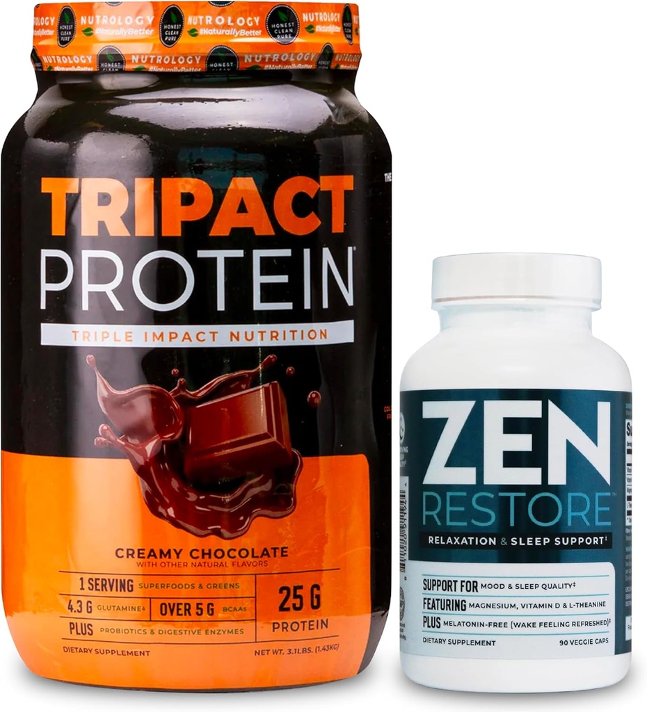 Nutrology TRIPACT Protein Powder, 7-in-1 Meal Replacement Shake, Creamy Chocolate (40 Servings) Zen Natural Magnesium Supplement (30 Servings)