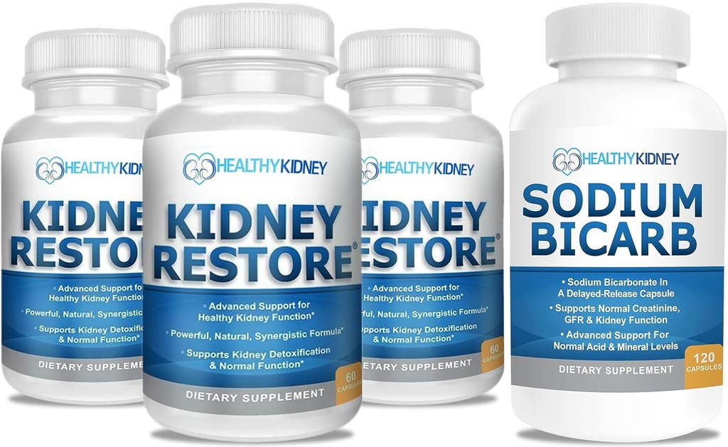3 Pack Natural Kidney Cleanse to Support Kidney Function and Detox, 60 Capsules + Sodium Bicarbonate 650mg Capsules Delayed Release for Supporting Normal Kidney Function & Kidney Health Supplement