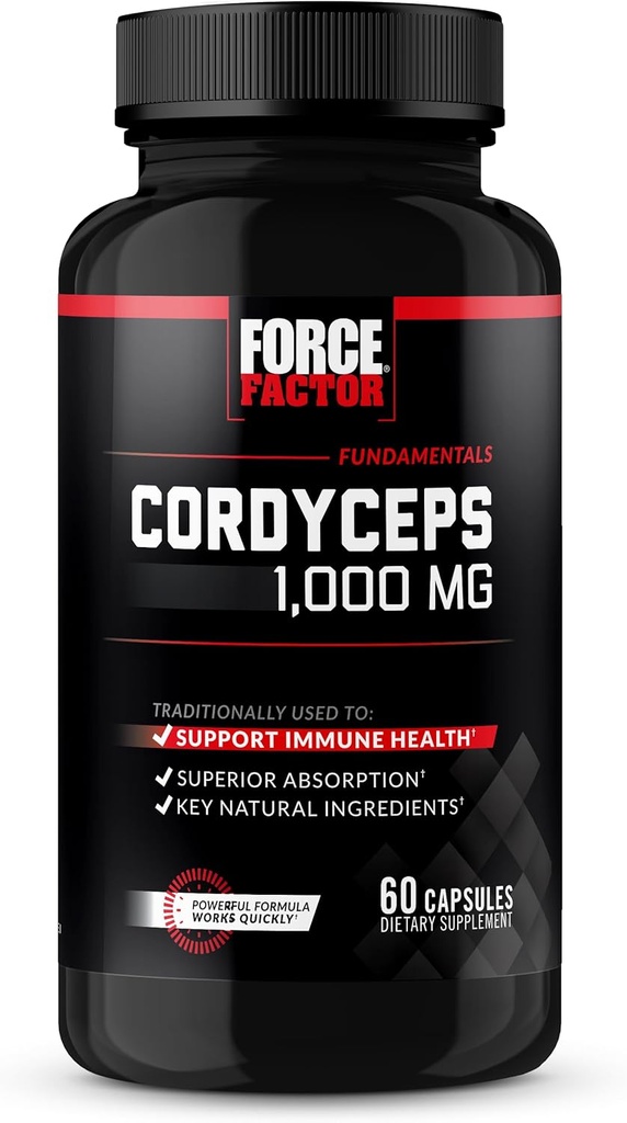 FORCE FACTOR Cordyceps Kapsler med 1000 mg Cordyceps Sinensis Mushroom Extract, Traditionelt bruges til at forbedre Vitality, med BioPerine til hurtig absorption, Key Natural Ingredients, 60 Kapsler
