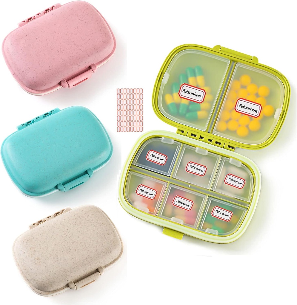 4 Pack Travel Pill Organizer, 8 Compartments Small Pill Box, Portable Daily Pill Case for Medicine, Vitamin, Supplement Storage, Compact Pill Container for Pocket, Purse, Rejser, Office, Home Use