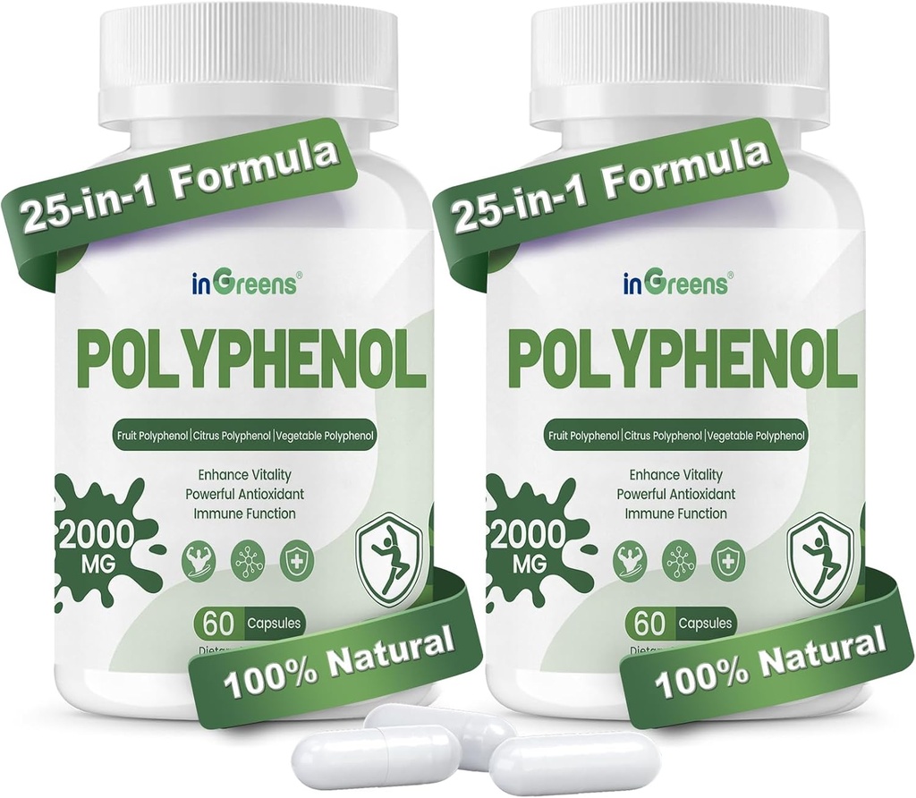 25-in-1 Polyphenoler supplement, 2000MG kraftfulde antioxidanter & polyphenol til alder forsvar, Polyphenol Superfood, Quercetin, Resveratrol, Plant- baseret & energi, immunforsvar, 120 kapsler