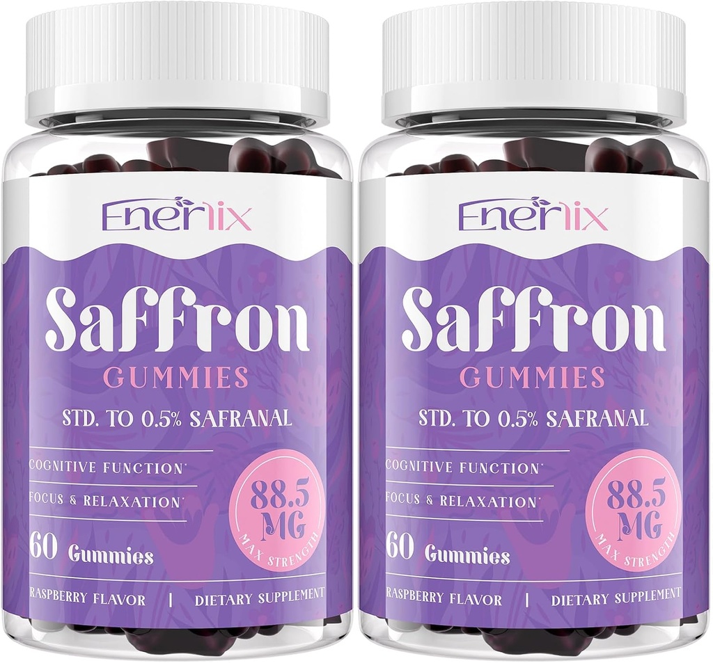 Saffron Gummies 88,5 mg med Magnesium, Max Strength Saffron Kosttilskud med St. John 's Wort, GABA, Rhodiola, Rosemary & Passion Flower Extracts for Mood, Focus - 120 Servere