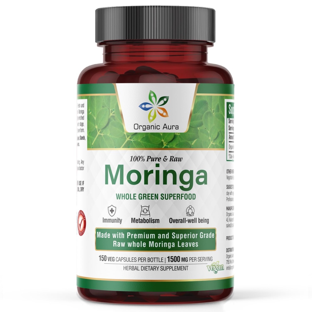 Økologisk Aura Moringa Leaf Kapsler 124; 1500mg - 150 HPMC Veg 124; Whole Leaves Green Super Food Nutrition DB124; naturligt øger stofskifte, energi, sundhed, & Stamina DB124; 100% Pure Safe Moringa DB124; Non GMO.