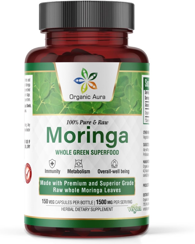 Økologisk Aura Moringa Leaf Kapsler 124; 1500mg - 150 HPMC Veg 124; Whole Leaves Green Super Food Nutrition DB124; naturligt øger stofskifte, energi, sundhed, & Stamina DB124; 100% Pure Safe Moringa DB124; Non GMO.