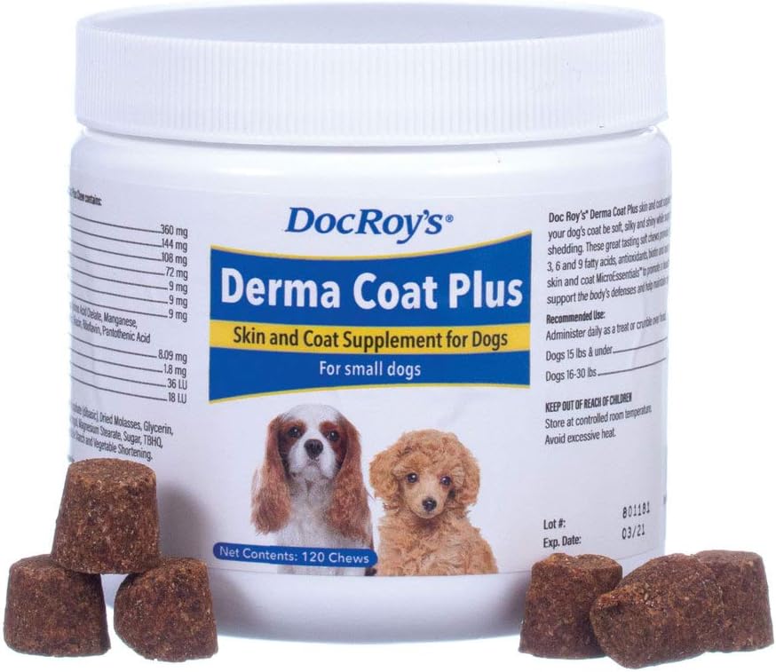 Revival Animal Health Doc Roy 's Derma Coat Plus Skin & Coat Supplement for små hunde - 120 ct tykkere