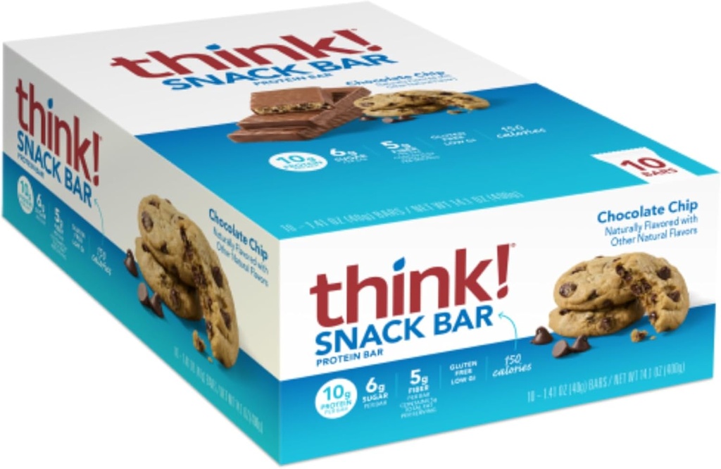think! Protein Bars with Chicory Root for Fiber, Digestive Support, Gluten Free with Whey Protein Isolate, Chocolate Chip, Snack Bars without Artificial Sweeteners, 1.4 Oz (10 Count)
