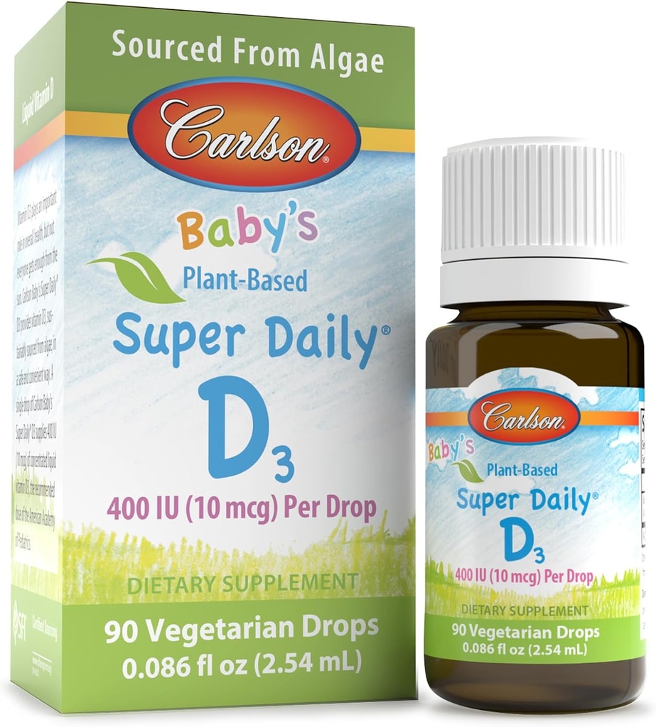 Carlson - Baby 's Plant- Based Super Daily D3, Baby Vegetar Liquid Vitamin D Drops, 400 IE (10 mcg) per drop, Sourced from Algae, for Spædbørn og Toddlers, Unflavored, 90 Drops (2,54 mL)