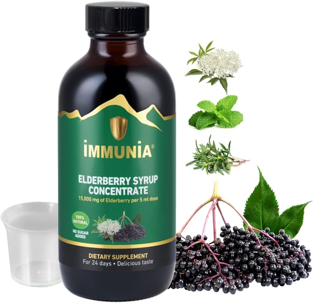 Immunia Elderberry Syrup hjælper med at styrke immunsystemet. Elderberry Koncentrat med Elderflower, Timian og Pebermynte. Ingen sukker tilsat. Lækker smag. 24 dage / flaske. (1- Pack)
