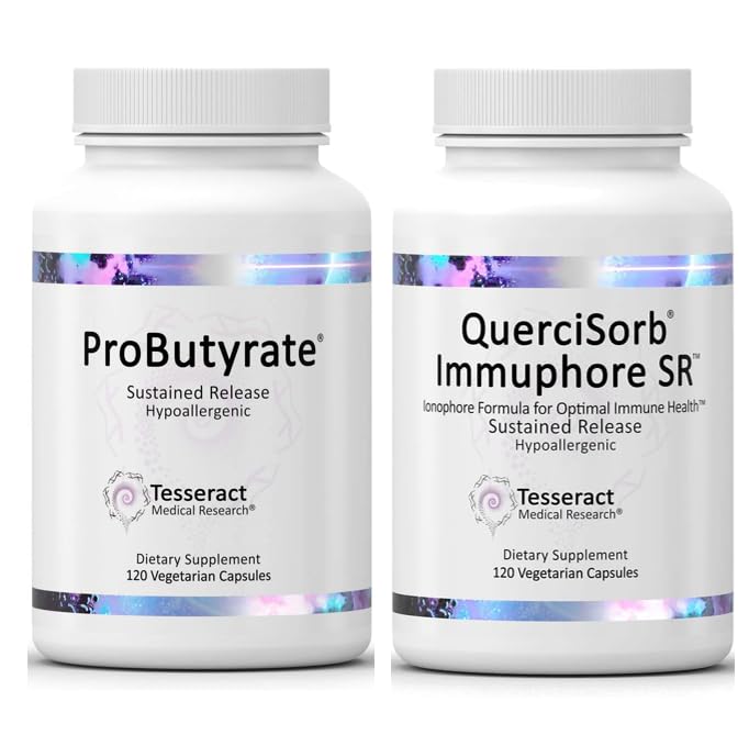 Tesseract Medicinsk forskning Ultra Gut og immunforsvar Combo, Butyric Acid Complex Gut Health Supplement (120 kapsler) og Quercetin, immunstøtte Supplement (120 kapsler)