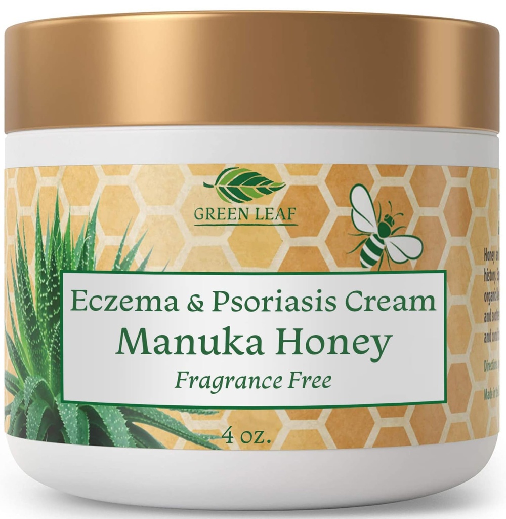 Green Leaf Naturals Manuka Honey Eczema Cream Fugtgivende Lotion Fragrance Gratis for Psoriasis Relief - Itchy, tør hud salve - Hud beroligende fugtighedscreme - Krop og ansigt creme - Børn & voksne 4oz