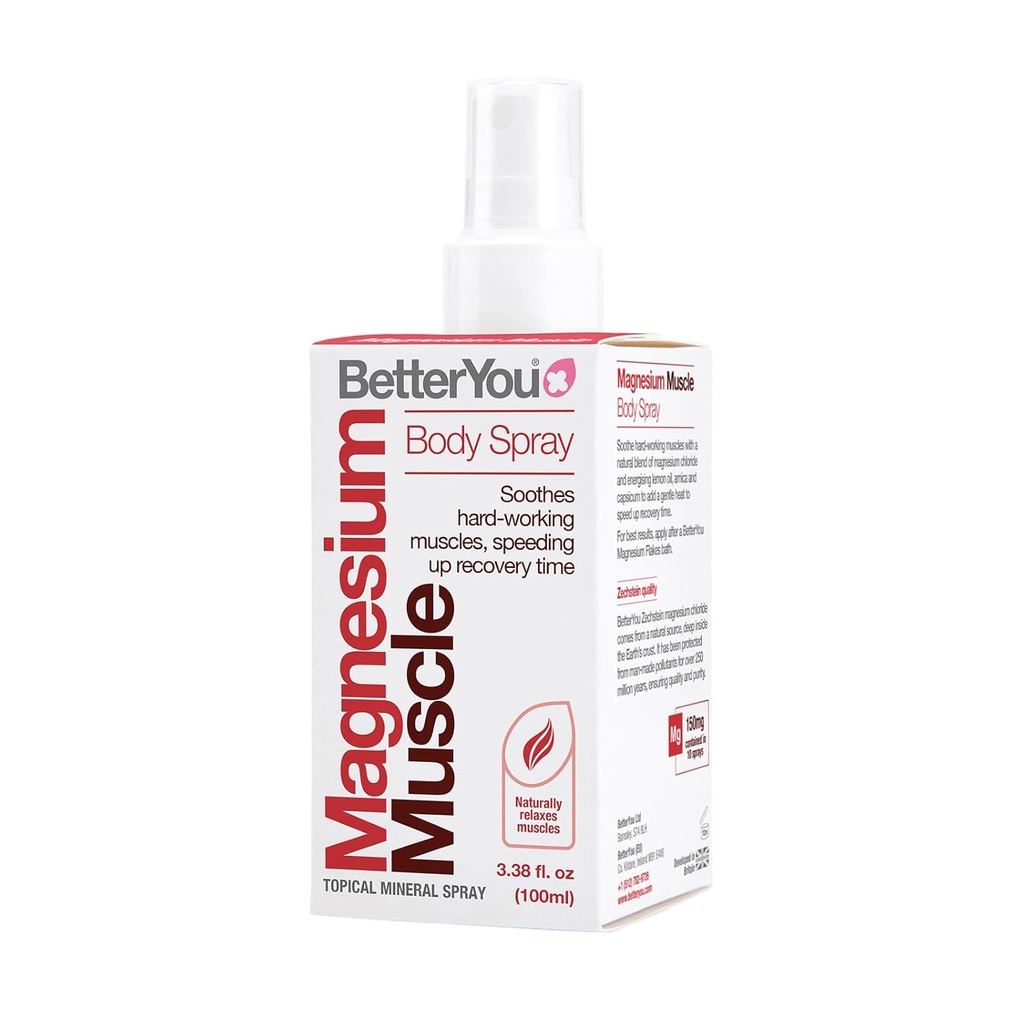 BetterYou Magnesium Muscle Body Spray - Muscle Relief Spray - Magnesium, Arnica, and Lemon Oil - Gentle Heat for Muscle and Joint Recovery - 3.38 oz