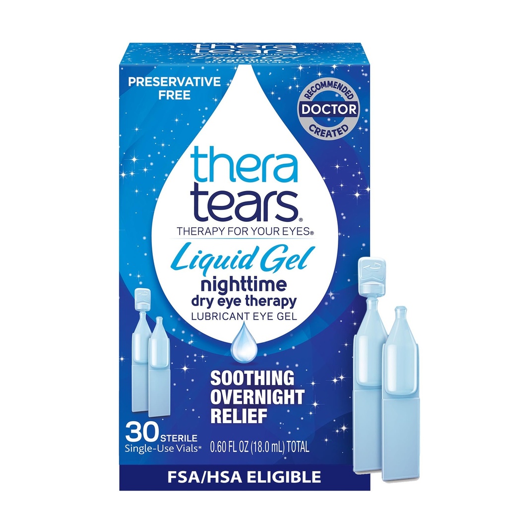TheraTears Flydende Gel Nighttime Smøremiddel øjendråber til tørre øjne, Single-use Hætteglas, 30 Tæl