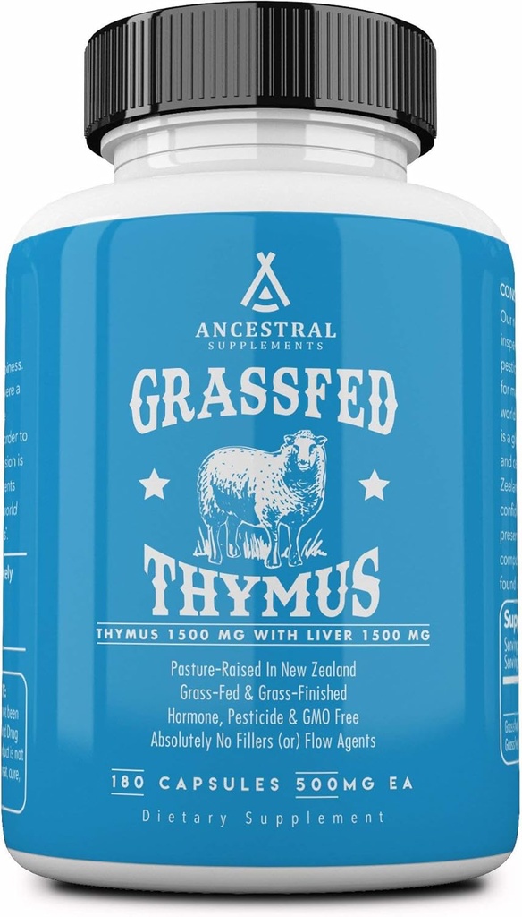 Ancestral kosttilskud Græs Fed Ovine (Får) Thymus Glandular Extract, 3000mg, Histamin, Energy, Allergi og immunforsvar supplement med Græs Fed Oksekød Lever, Ikke GMO, 180 Kapsler