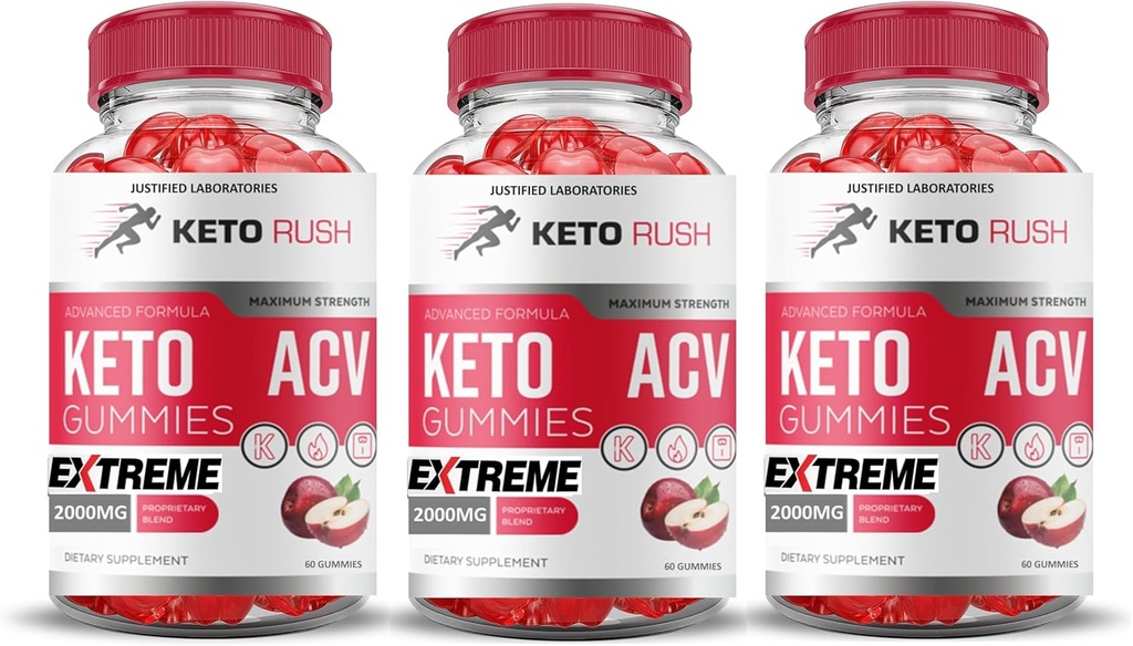 Justified Laboratories (3 Pack Keto Rush Keto ACV Gummies Extreme 2000MG Keto Rush Keto Gummies Apple Cider Vinagar Formuleret med Pomegranat Beet Juice Powder B12 Vegan Non GMO 180 Gummys