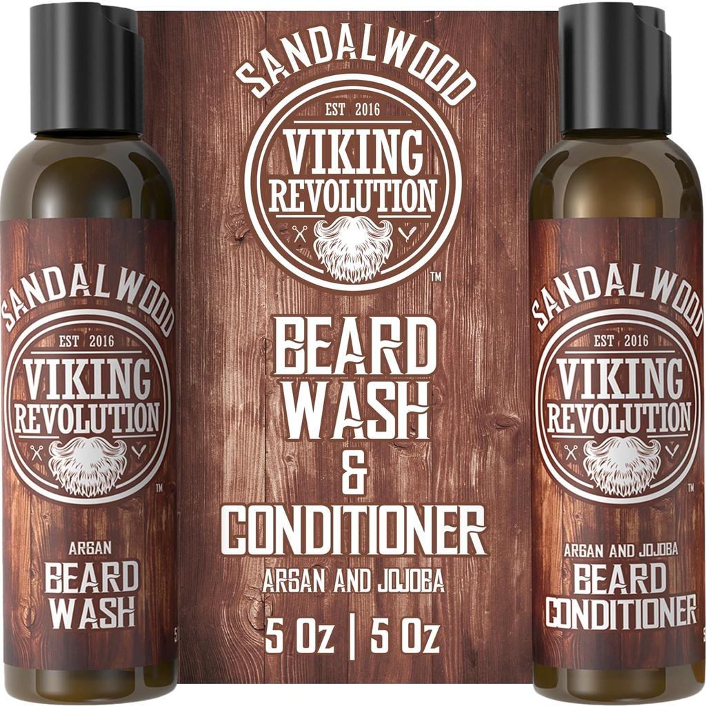 Viking Revolution Beard Wash & Beard Conditioner sæt w / Argan & Jojoba Oliils - Softens & Stronthens - Natural Beard Shampoo w / Beard Oil Sandalwood (5oz)