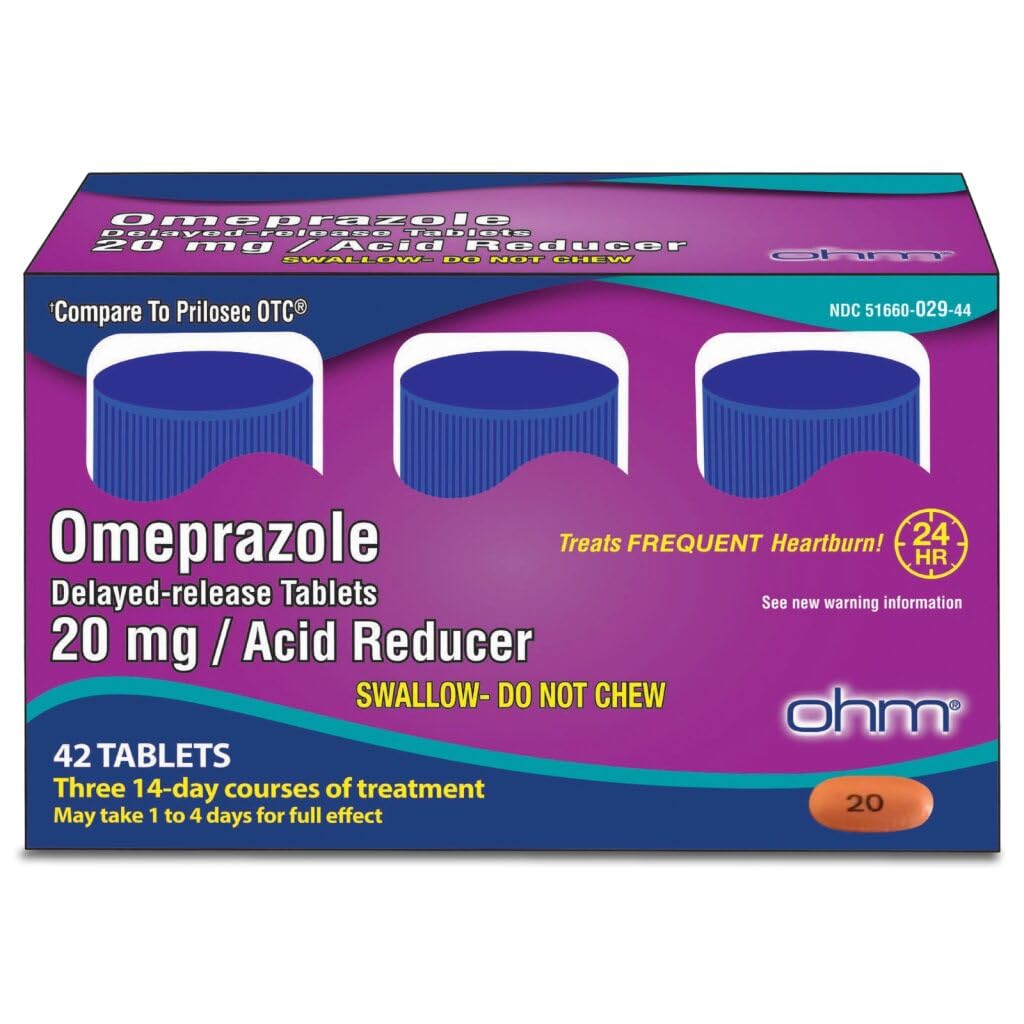Ohm Omeprazol 20mg, 42 Delayed- Release Tablets, Acid Reducer for Frequent Heartburn, 24- timers Relief Heartburn Medicine, Hjælper Relieve Mave & Brystbesvær (6 uger Tilgang, 42, Greve)