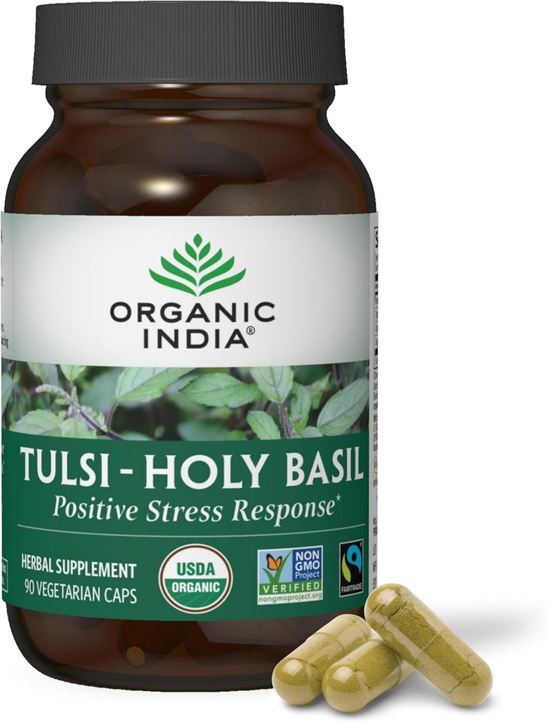 ORGANISK INDIA Tulsi Holy Basilikum Kapsler - Holy Basil Extract - Holy Basilikum Leaf Supplement, Urtetilskud, immunforsvar, Stress Relief, Vegan, Gluten- Free, Kosher, Organic, Non-GMO - 90 Kapsler