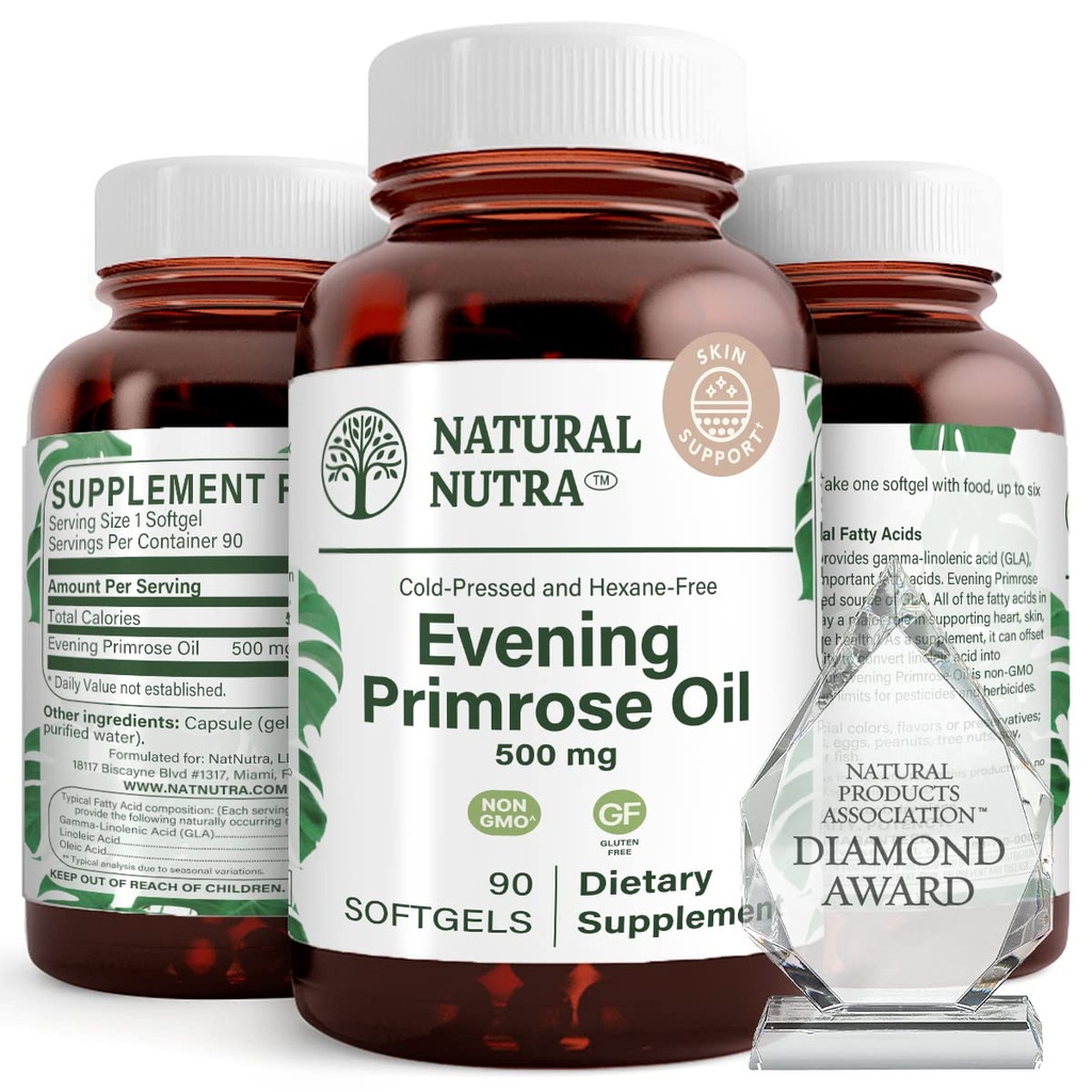 Naturlige Nutra Evening Primrose Oil Supplement fra fede syre, nerve sundhed, Hjælper Reducere hudblødninger, Balance Kropssektion, Promote Heart Health, Hud Klarhed, 500 mg, 90 Softgels