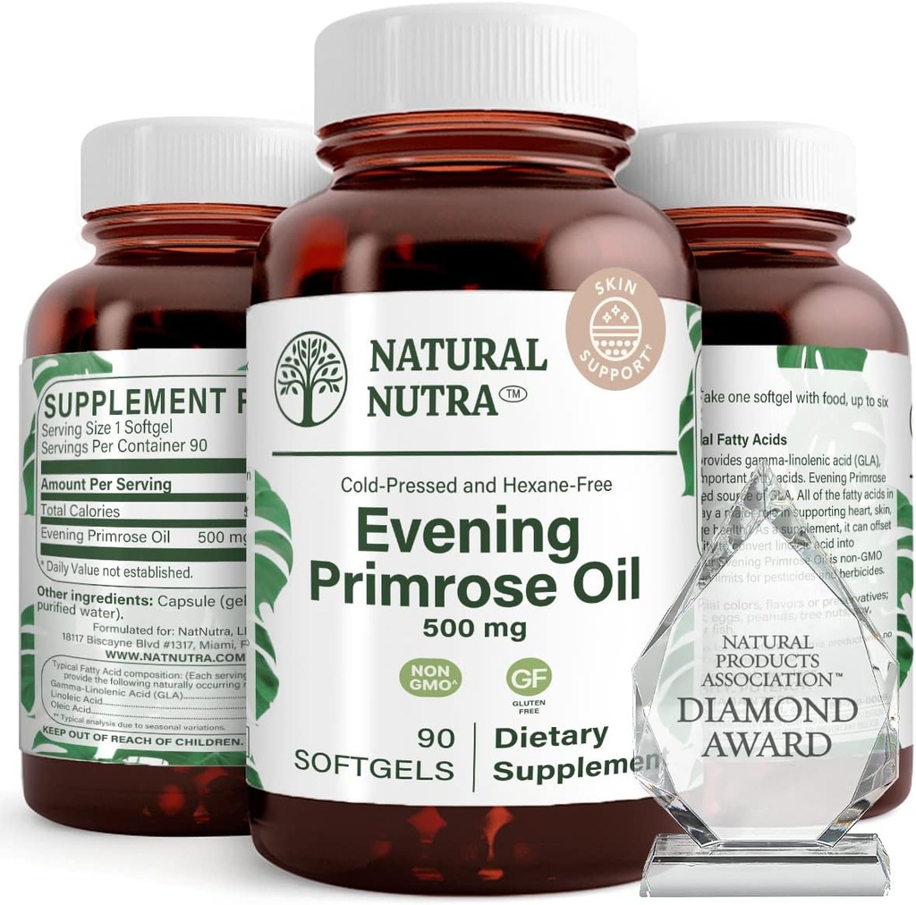 Naturlige Nutra Evening Primrose Oil Supplement fra fede syre, nerve sundhed, Hjælper Reducere hudblødninger, Balance Kropssektion, Promote Heart Health, Hud Klarhed, 500 mg, 90 Softgels