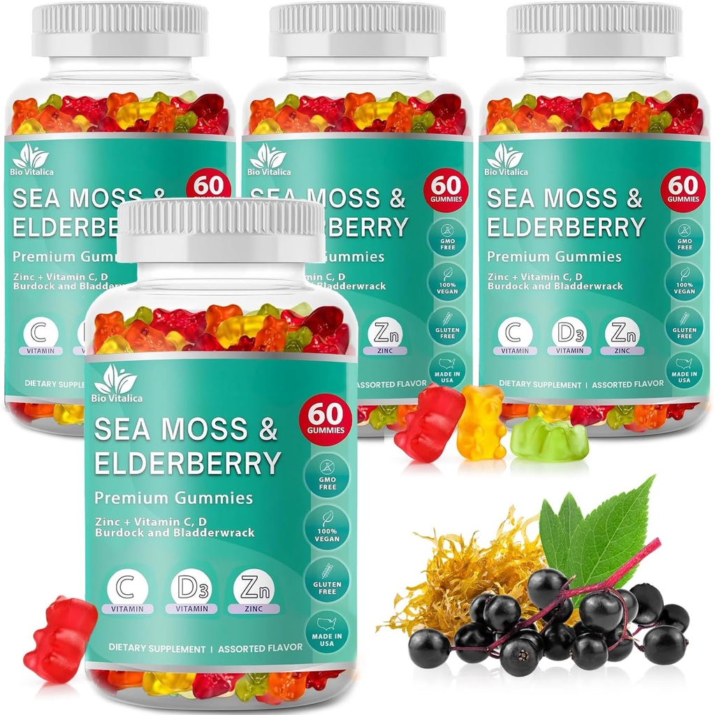 BIO VITALICA Sea Moss Gummies Elderberry BioVitalica - Vitamin C D + Zink - Irish Seamoss Vegan Gummy med Sea Moss Gel & Powder for Immunity, Detox - for voksne og børn (4Packs)