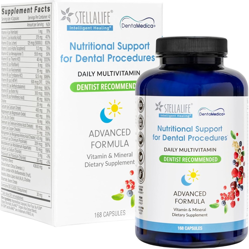 StellaLife DentaMedica Vegan Daily Multivitamin Nutritional Support for Faster Dental Surgery Recovery, VIT D3 K2 C B Zinc CoQ10 Magnesium, Healthy Bones & Gums, Non-GMO, GMP USA, 168 Capsules