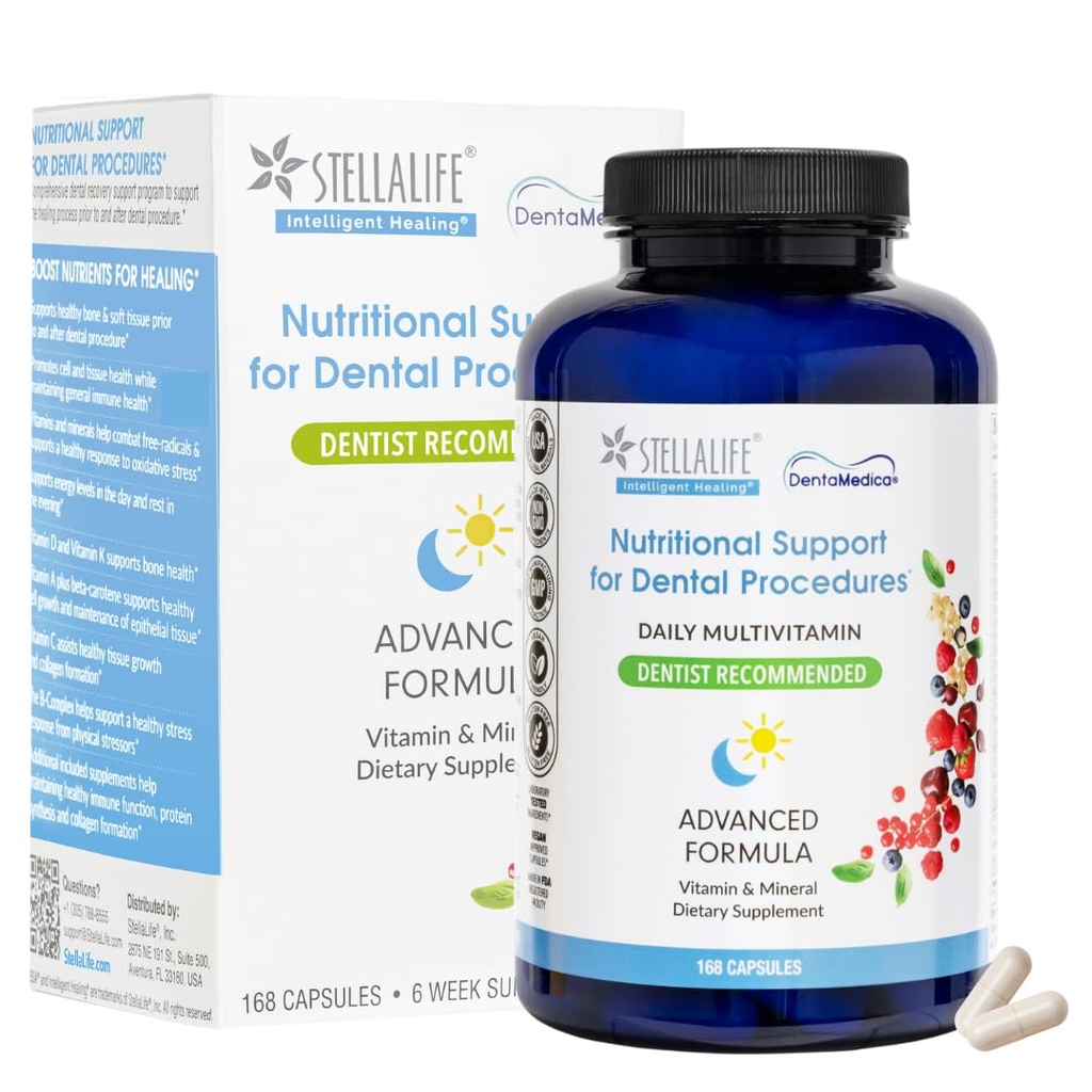 StellaLife DentaMedica Vegan Daily Multivitamin Nutritional Support for Faster Dental Surgery Recovery, VIT D3 K2 C B Zinc CoQ10 Magnesium, Healthy Bones & Gums, Non-GMO, GMP USA, 168 Capsules