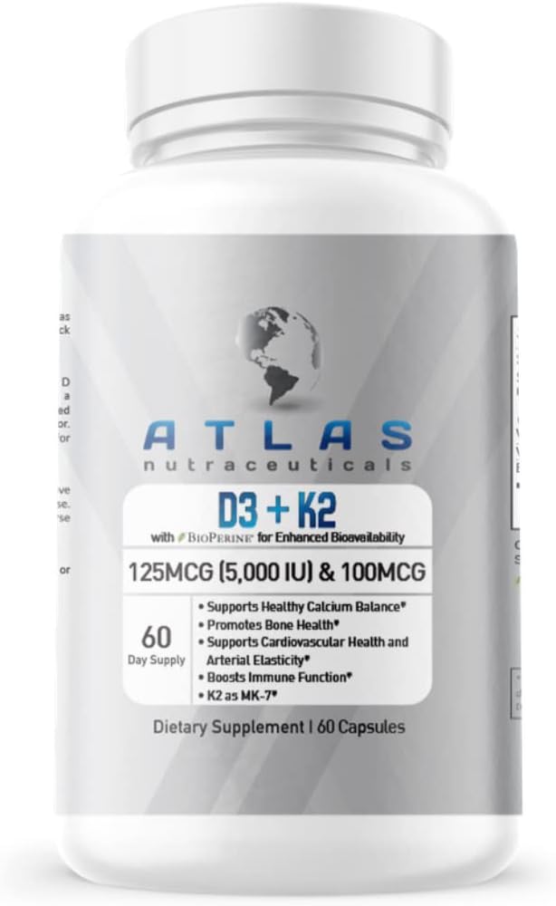 Atlas Nutraceuticals- Vitamin D3 + K2- Vitamin D3 5000IE Plus K2, 2 i 1 Formel, MK7 Vitamin K2, 60 kapsler, immunvitamin Complex