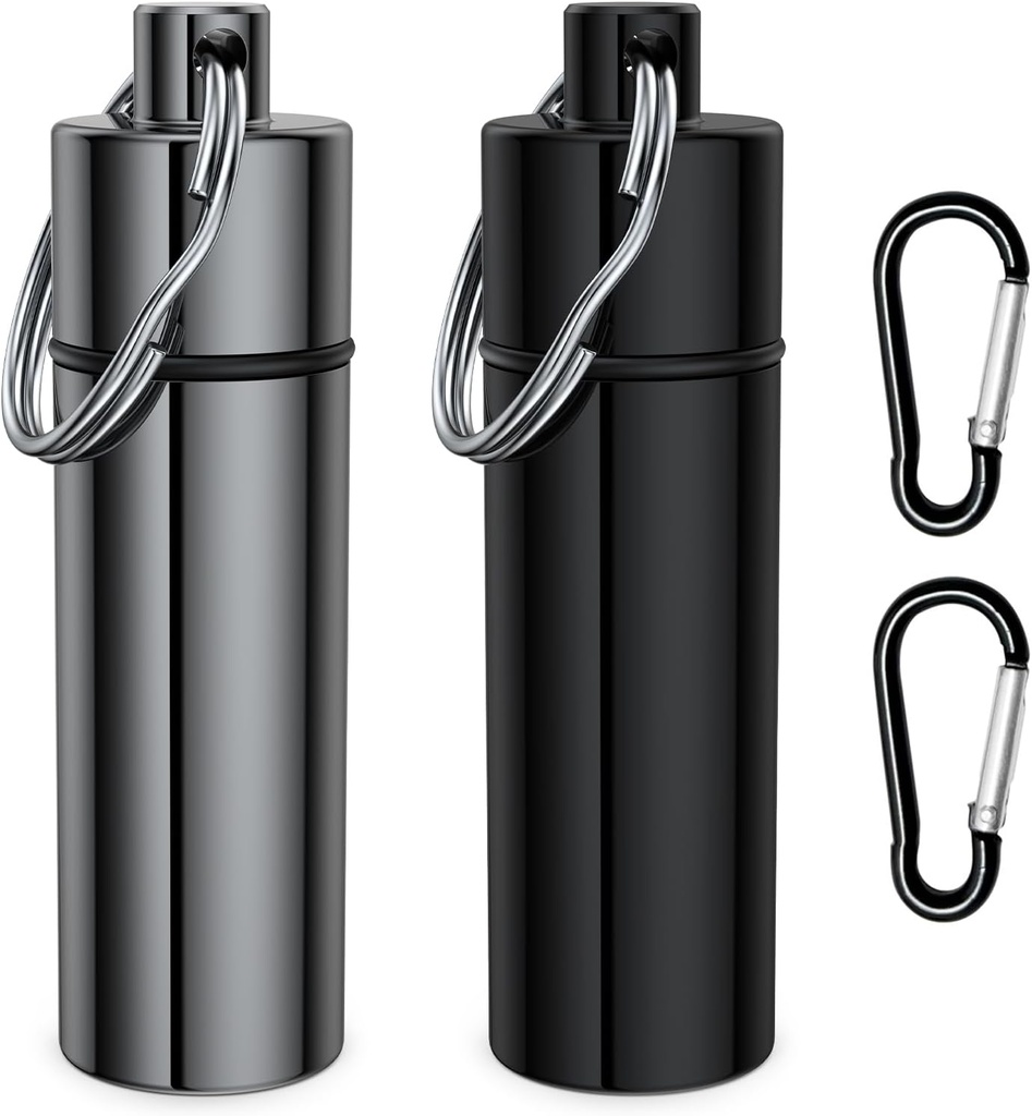 Lille pillekasse, (2 Pack + 2 * Carabiner Clips) Keychain pillholder Portable Mini Travel Pill Container Metal Case Flaske med nøglering