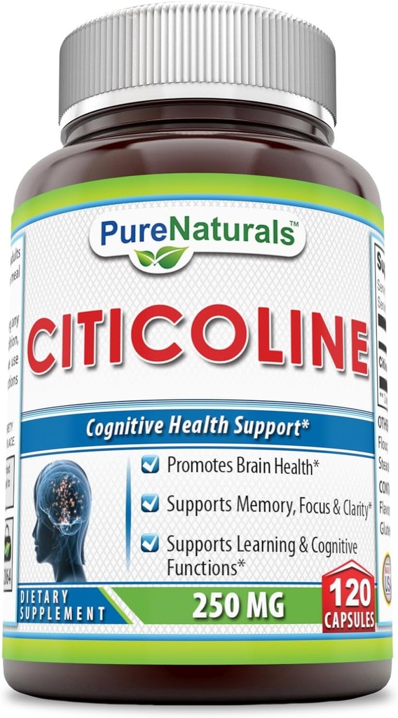Pure Naturals - Citicolin Kosttilskud - 250 Milligram - 120 Kapsler - Understøtter Brain Health - fremmer bedre hukommelse og fokus