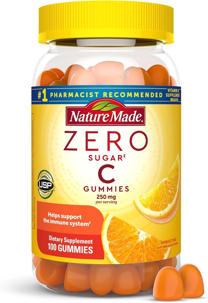 Nature Made Zero Sugar Vitamin C Gummies 250 mg per servering, immun & antioxidant Support, Aspartam Free, 100 Sugar Free Gummies, 50 dages forsyning