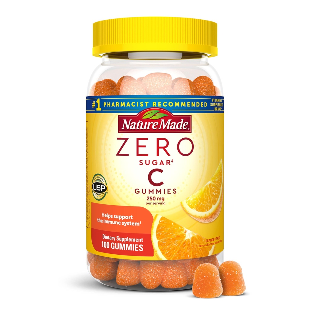 Nature Made Zero Sugar Vitamin C Gummies 250 mg per servering, immun & antioxidant Support, Aspartam Free, 100 Sugar Free Gummies, 50 dages forsyning