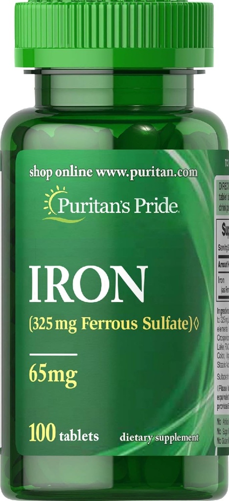 Puritans Pride Iron Ferrosulfate 65 Mg Tablets, 100 Count