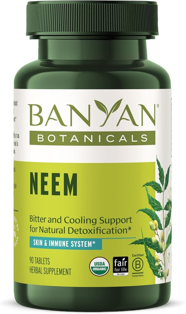 Banyan Botanicals Neem Tablets - Organic Neem Leaf (Azadirachta Indica) - Understøtter naturlig afgiftning, sund hud, og immunsundhed * - 90 tabletter - Ikke-GMO bæredygtigt sour Vegan