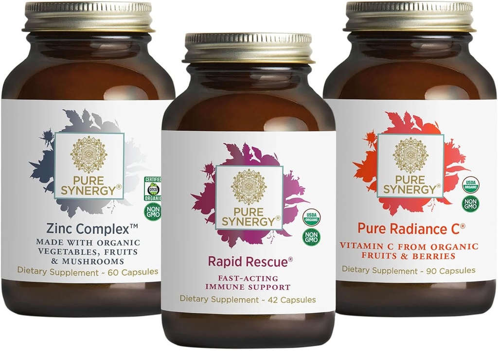 PURE SYNERGY Øjeblikkelig immunsupportbundle Bundle 124; Organic Vitamin C Supplement øb 124; Zink supplement Lavet med hele fødevarer