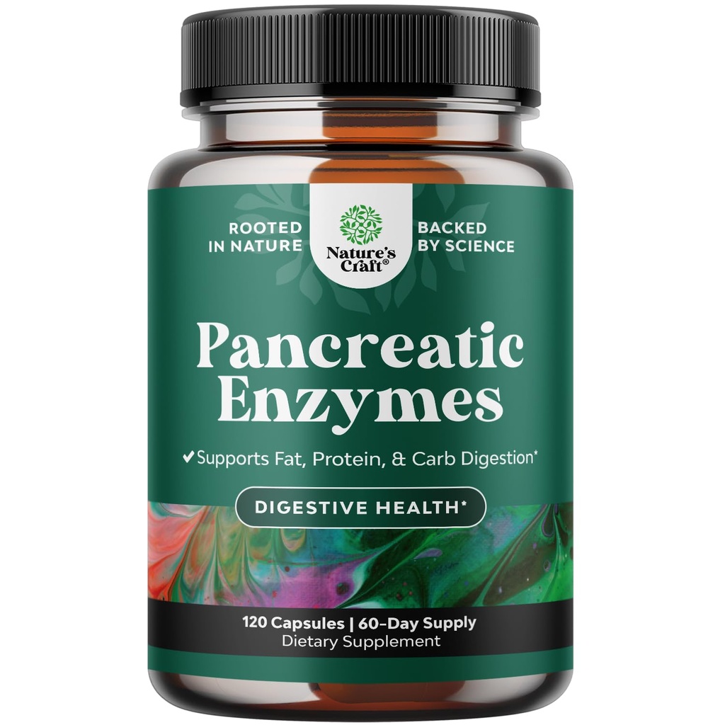 Natures Craft Pancreatin Digestive Enzymes for Digestive Health - Pancreatic Enzymes for Humans with Fat Carb and Protein Women and Men - Protease Amylase & Lipase Digestion -120ct