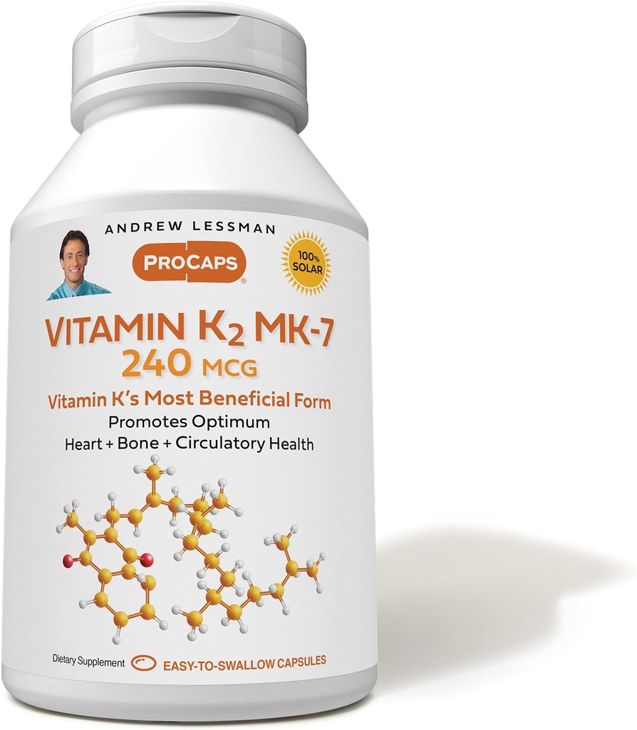 ANDREW LSSMAN Vitamin K2 MK7 240 mcg 60 Softgels - Essential for sund Calcium Udnyttelse, fremmer Optimum Skeletal, hjerte og arterial sundhed. Ingen tilsætningsstoffer. Lille let at synke bløddele